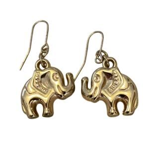 New Yellow Gold Tone Drop/Dangle ELEPHANT EARRINGS 1.5 Inch for Pierced Ears